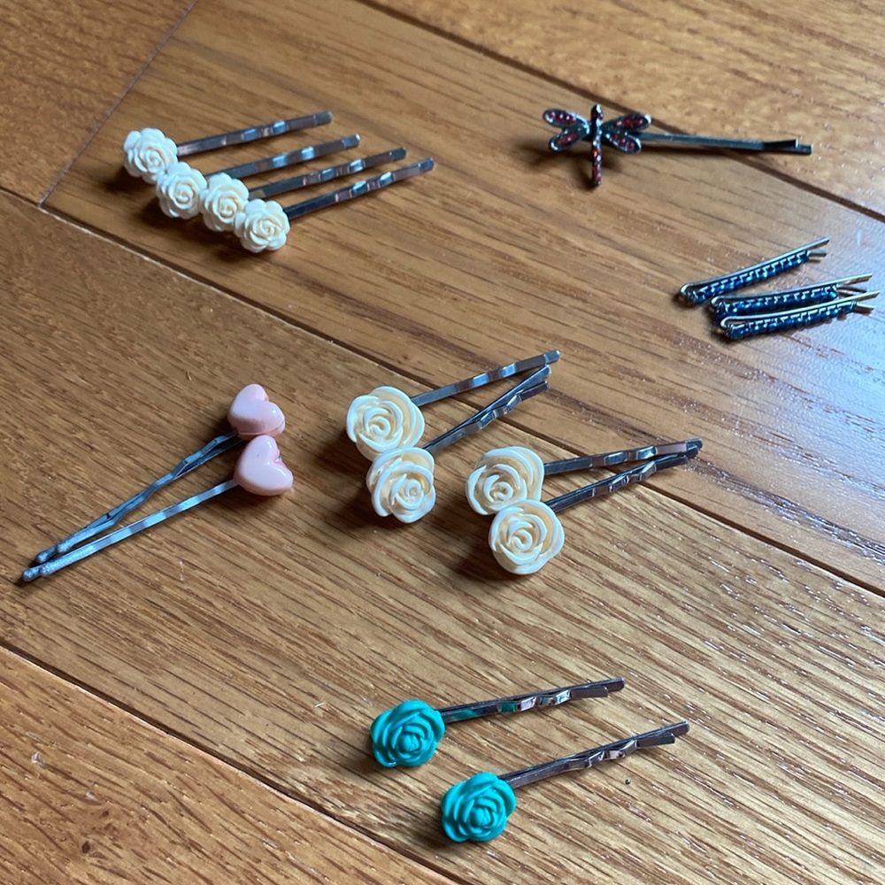 Assorted Rosebud, Butterfly & Heart Hair Pins (16 total)